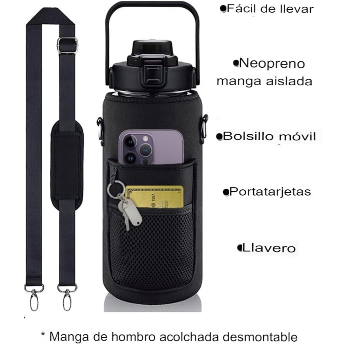 Botella de agua multifuncional negra